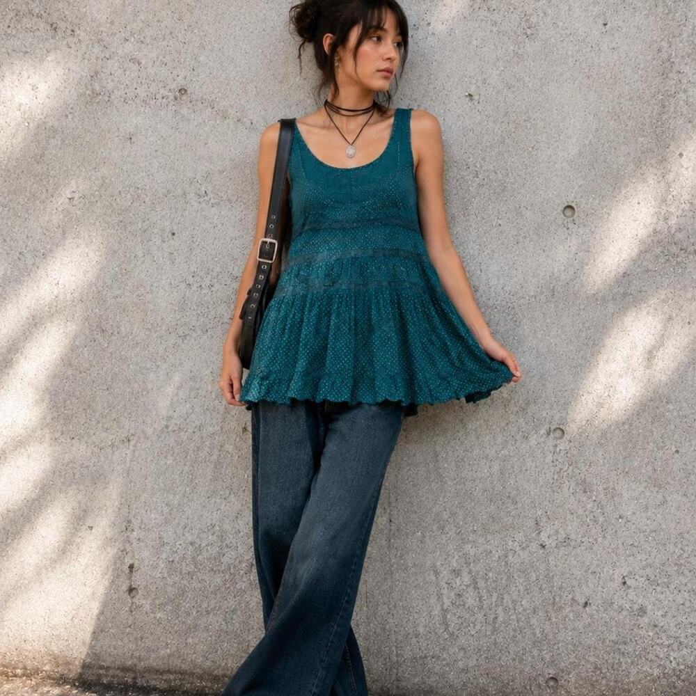 Free People Intimately Teal Polka Dot Lace Babydoll Tunic Top Y2K XS